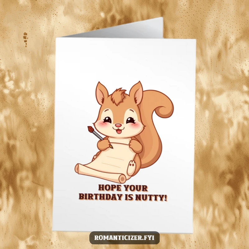 Funny Free Printable Birthday Card: Smiling squirrel poetically scribbling on a scroll with a quill, celebrating.