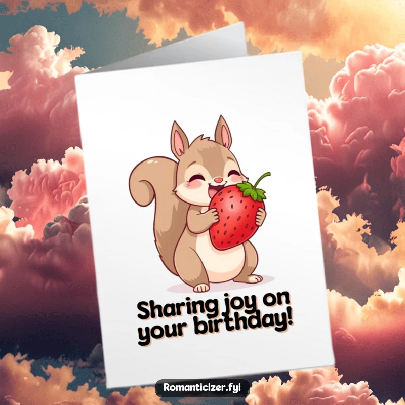 Funny free printable birthday card: a delighted squirrel generously shares one enormous strawberry with another, symbolizing friendship.