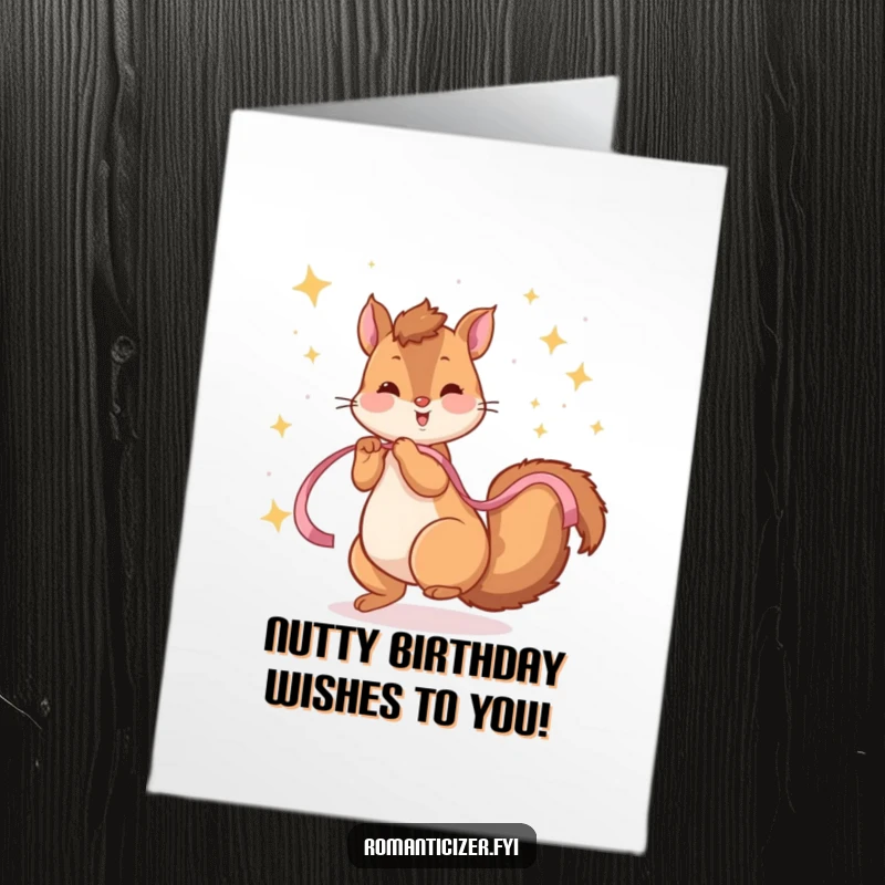 Funny Free Printable Birthday Card: A playful squirrel twirls with a ribbon amidst sparkling stars for a birthday wish.