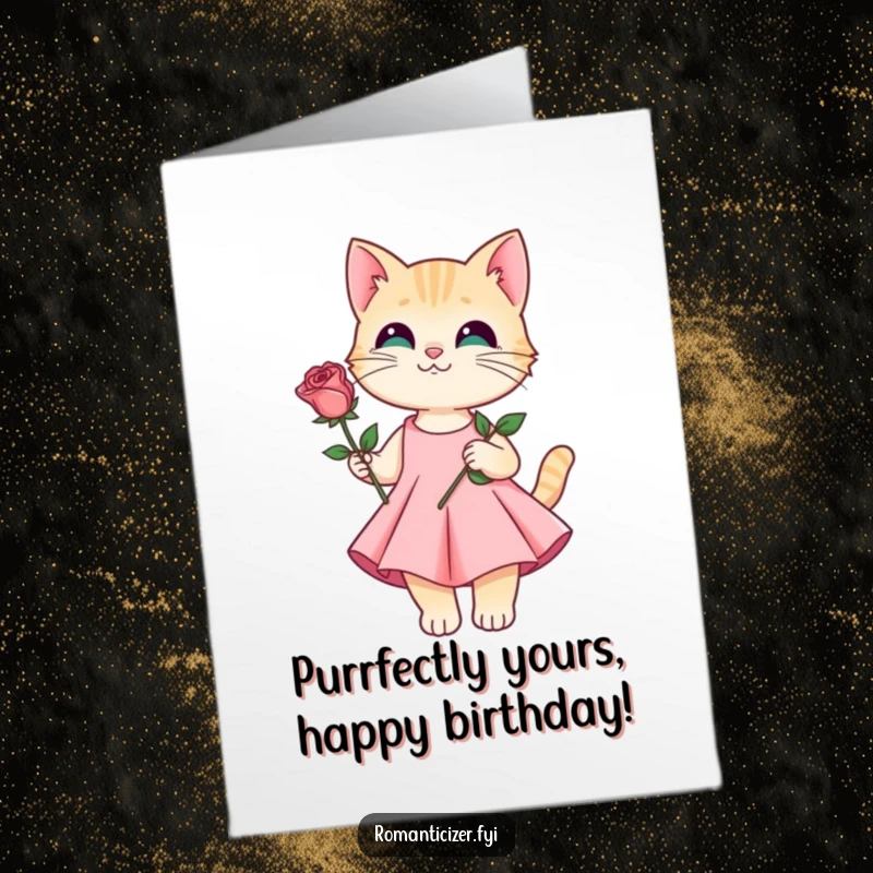 Funny Free Printable Cat Birthday Card: An elegant cat in a flowing dress gracefully offers a single rose, wishing a happy birthday with grace.