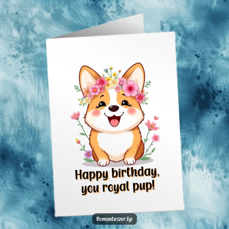 Funny Free Printable Birthday Card: A joyful corgi beams, wearing a crown of colorful wildflowers. Adorable and downloadable for celebration.