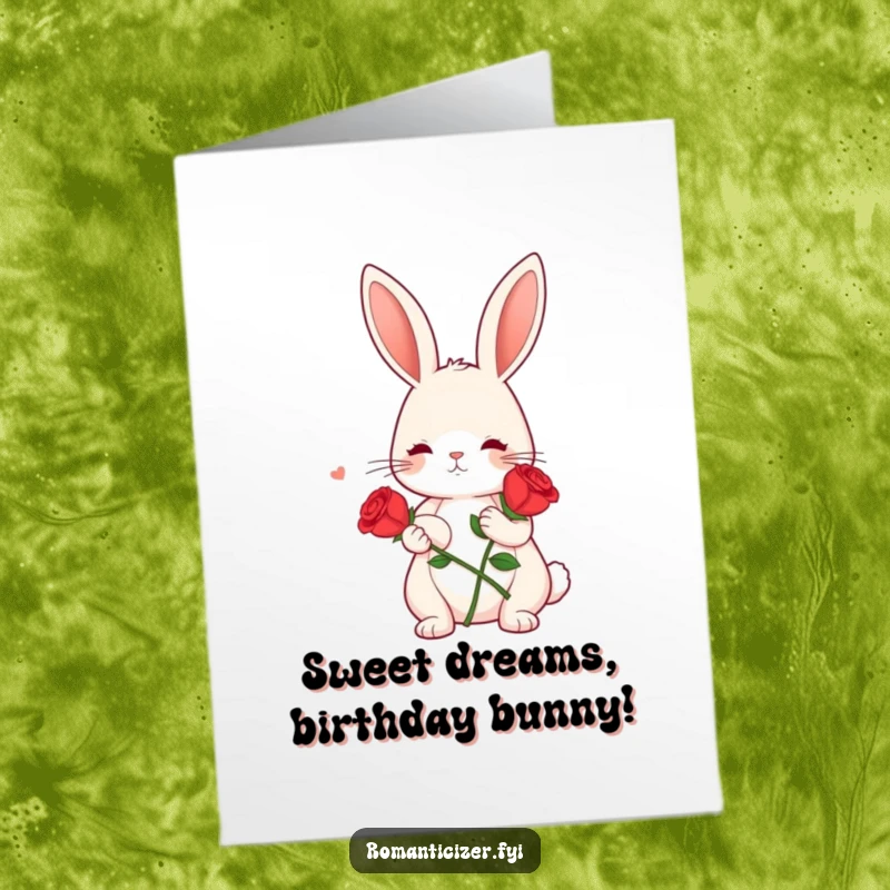 Funny Free Printable Birthday Card: A cute bunny holding a single red rose, gazing dreamily with love.