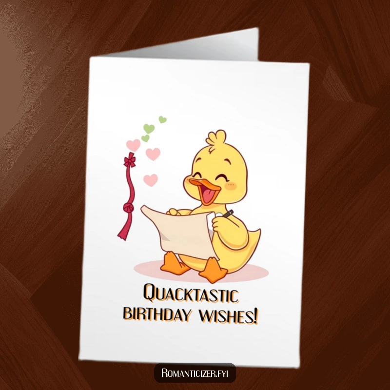 Funny Free Printable Birthday Card: A delighted duckling writing a love poem on a scroll with a quill.
