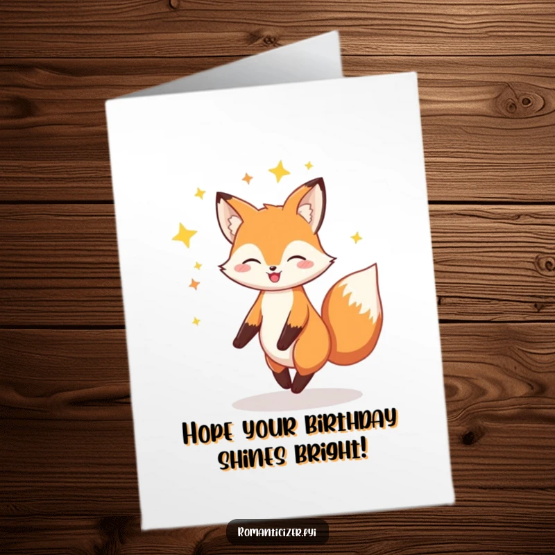 Funny Free Printable Birthday Card: Cheerful fox twirling joyfully with a halo of stars.