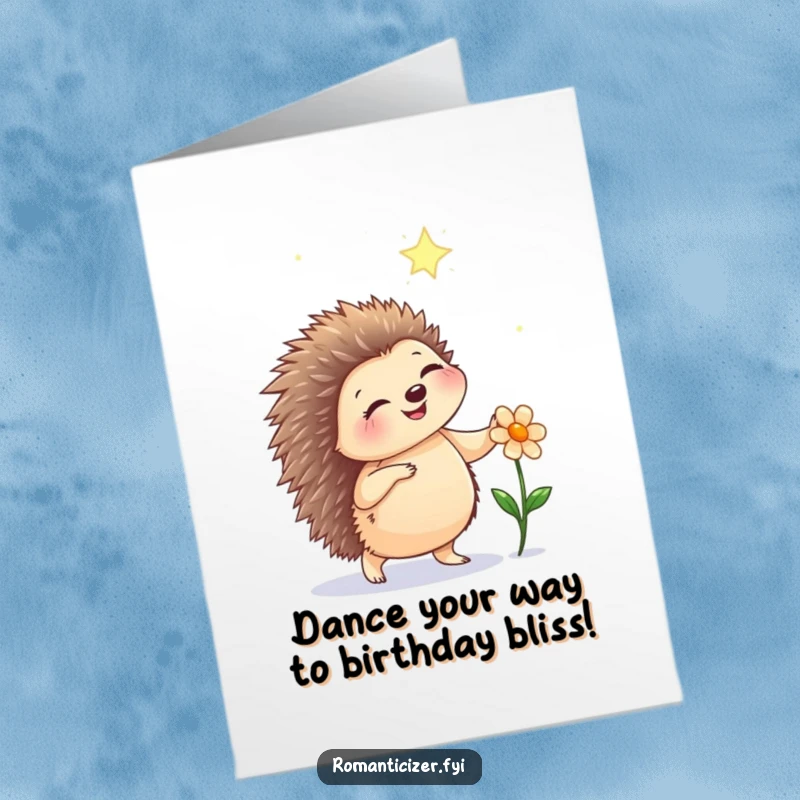 Funny Free Printable Birthday Card: Happy hedgehog dancing with a flower under starlight, perfect for a whimsical and joyous birthday.