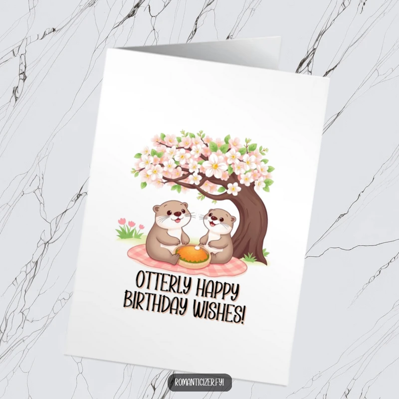 Funny Free Printable Otter Birthday Card: A cheerful otter enjoys a picnic under a blooming tree. A cute downloadable gift.