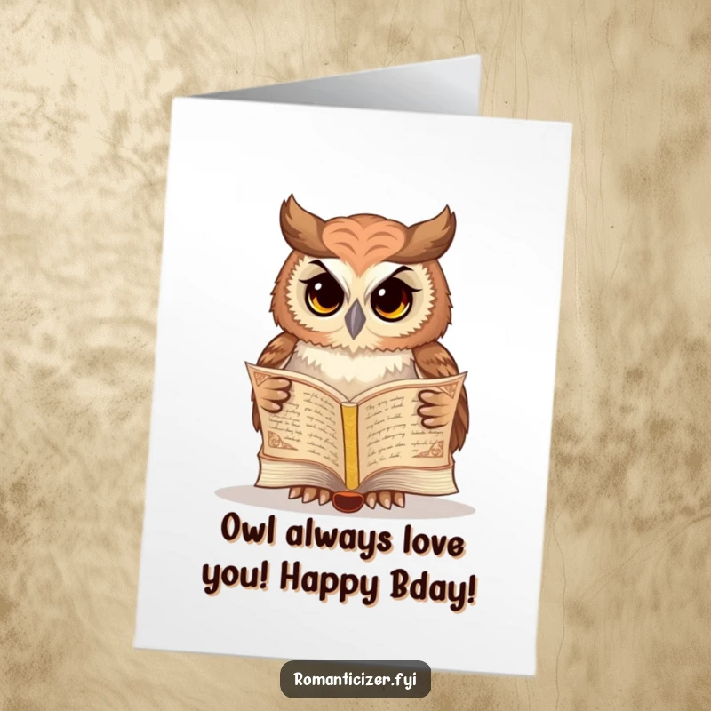 Free Printable Birthday Card: Wise owl elegantly reading poetry from an ancient, ornate, open book.