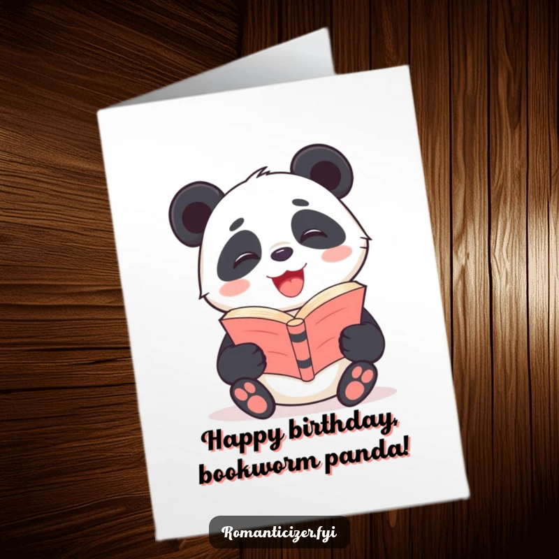Free Printable Birthday Card: A giggling panda reads a poetry book, a radiant smile on its face, celebrating with literary joy.