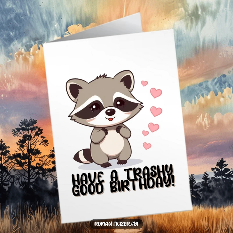 Free Printable Birthday Card: Mischievous raccoon scampering away, leaving a shimmering trail of sparkling hearts behind.