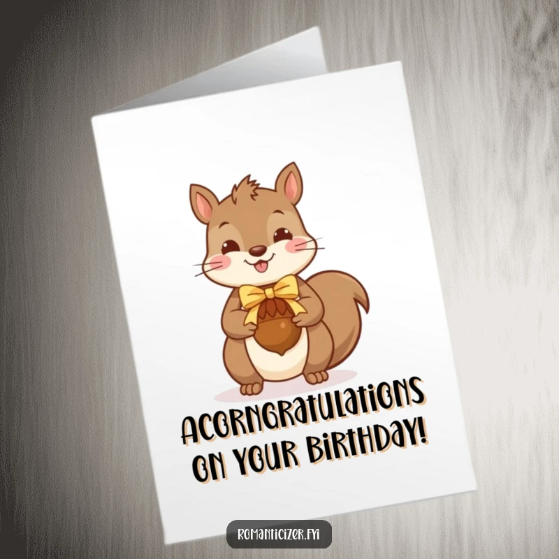 Funny Free Printable Birthday Card: Cheerful squirrel gifting a ribbon-adorned acorn, perfect for a cute and humorous celebration.