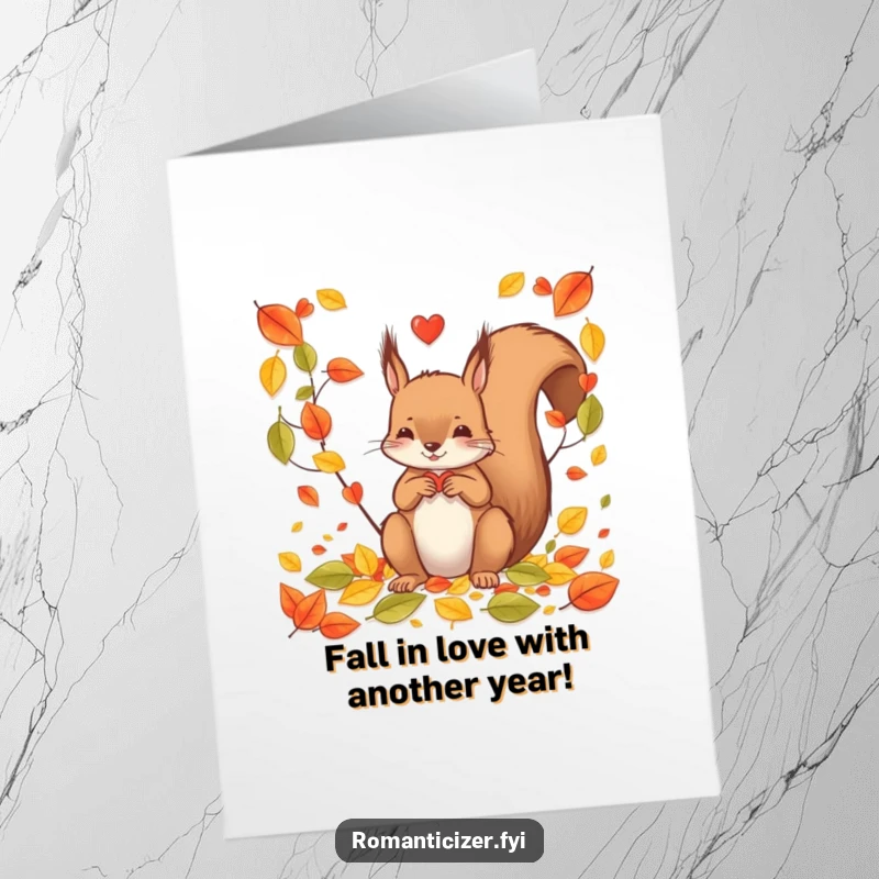 Funny Free Printable Birthday Card: Squirrel meticulously arranges leaves into a heart, spreading cozy autumn vibes.