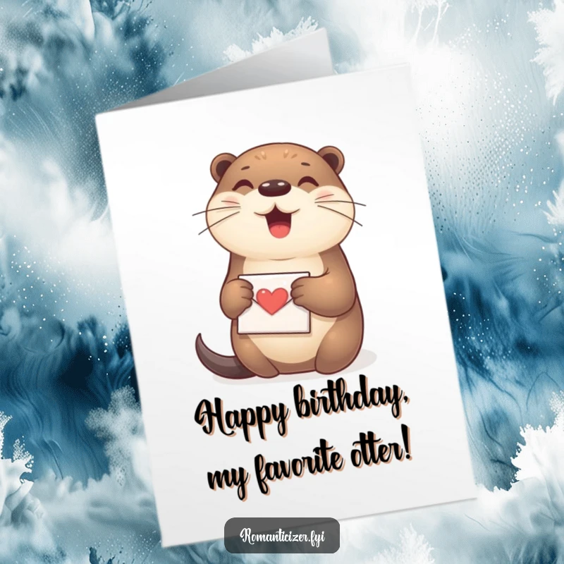 Free Printable Birthday Card: A happy otter lovingly clutches a small love letter to its chest, sending sweet birthday wishes.