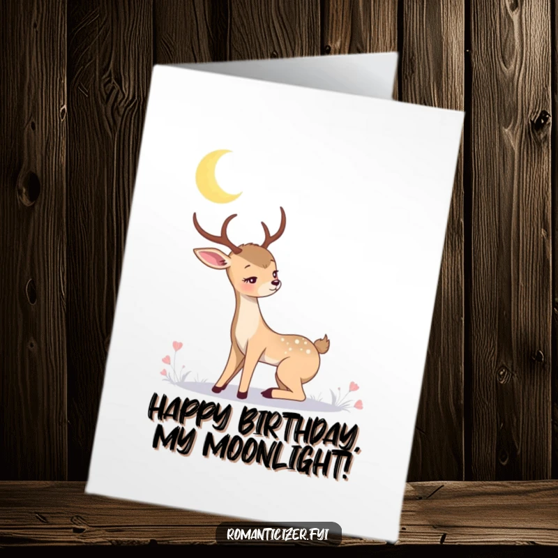 Funny Free Printable Birthday Card: A romantic deer gazing wistfully at a glowing crescent moon, conveying heartfelt wishes.