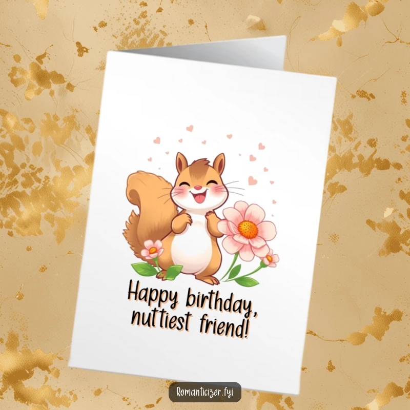 Free Printable Birthday Card: A joyful squirrel showers a delicate flower with sweet-smelling perfume, spreading birthday cheer.