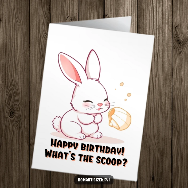 Free Printable Birthday Card: A curious rabbit listens with delight to a whispering seashell, sharing a moment of wonder.