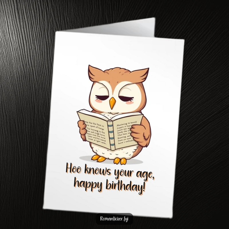 Funny Free Printable Birthday Card: Whimsical owl deeply engrossed in reading sonnets aloud, perfect for a cultured celebration.