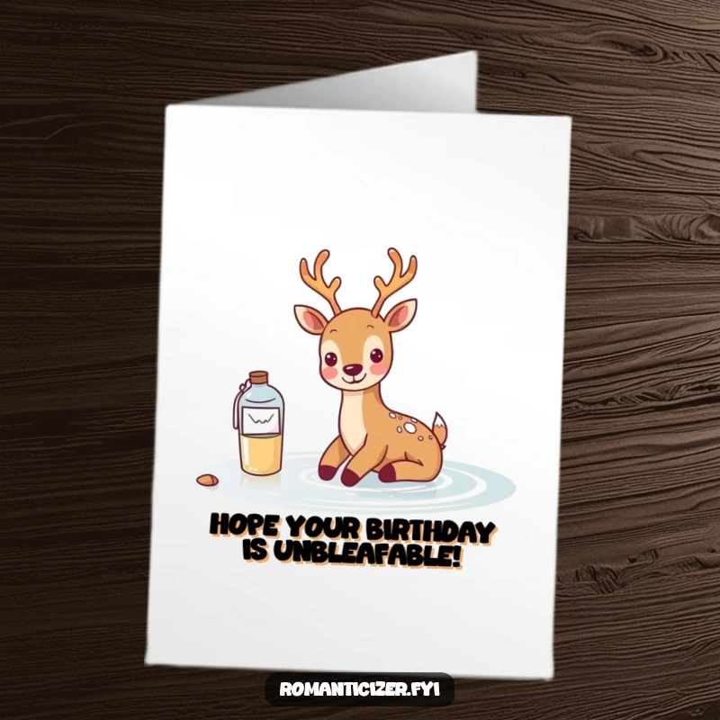Funny Free Printable Birthday Card: A happy deer floats a message in a bottle, sending birthday cheer across the water.