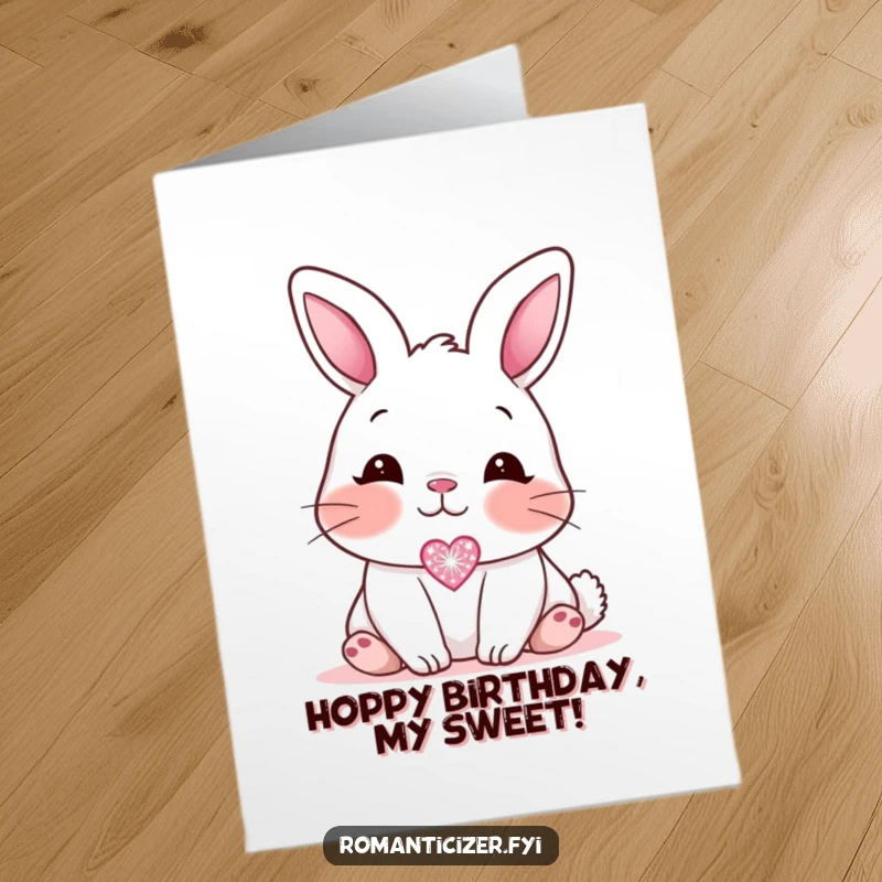 Funny Free Printable Birthday Card: Blushing bunny looking affectionately at a small, sparkling heart icon, birthday love.