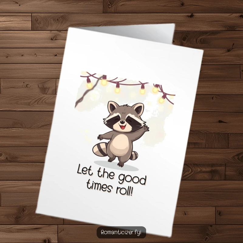 Funny Free Printable Raccoon Birthday Card: A happy raccoon joyfully dances among twinkling fairy lights, spreading birthday cheer. Downloadable and fun.