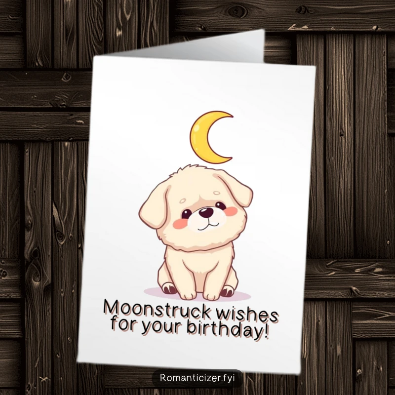 Funny Free Printable Birthday Card: A fluffy dog gazes adoringly at a crescent moon, celebrating a birthday with love.