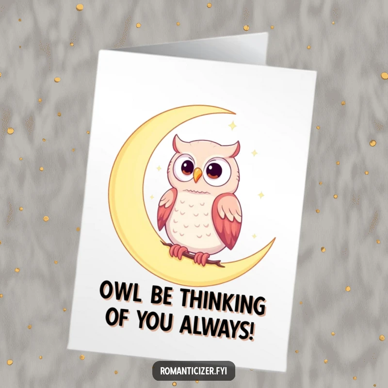 Funny Free Printable Birthday Card: Romantic owl perched on a crescent moon under a starry night sky.