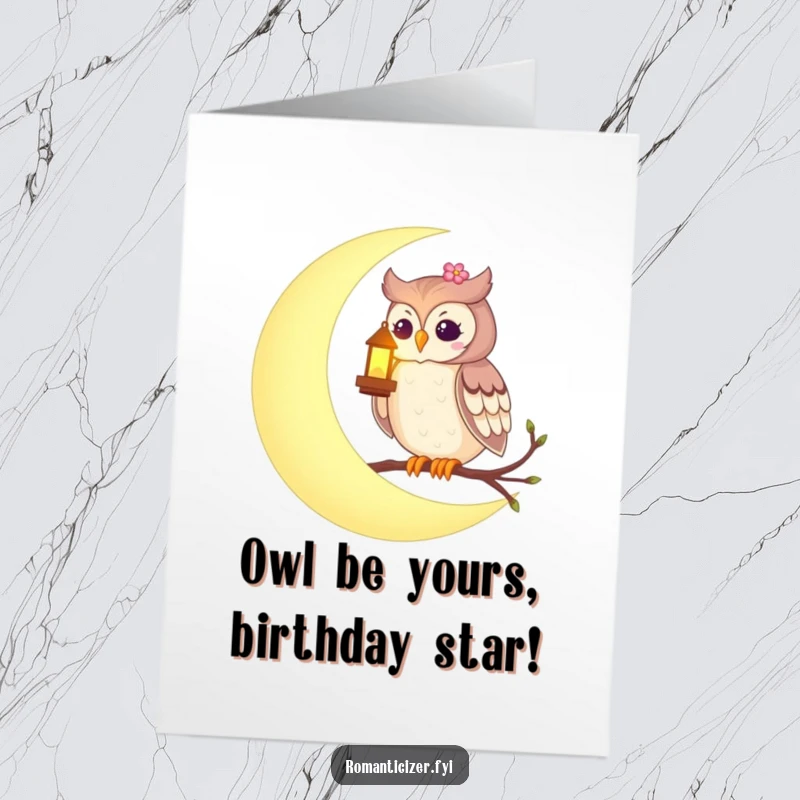 Free Printable Birthday Card: A romantic owl sits on a crescent moon, holding a glowing lantern.