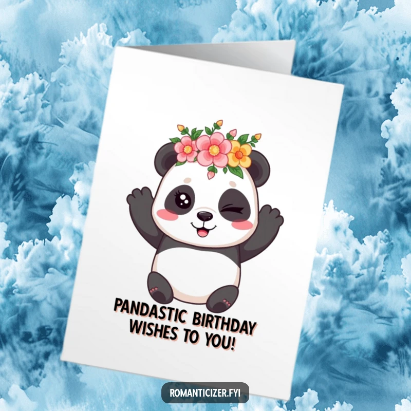 Funny Free Printable Birthday Card: A playful panda wearing a flower crown winks coyly, ready for a birthday bash.