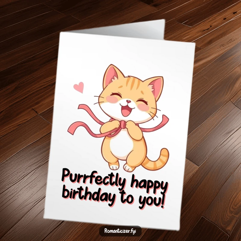 Funny Free Printable Birthday Card: A happy cat joyfully twirling with a colorful ribbon, pure delight on its face.