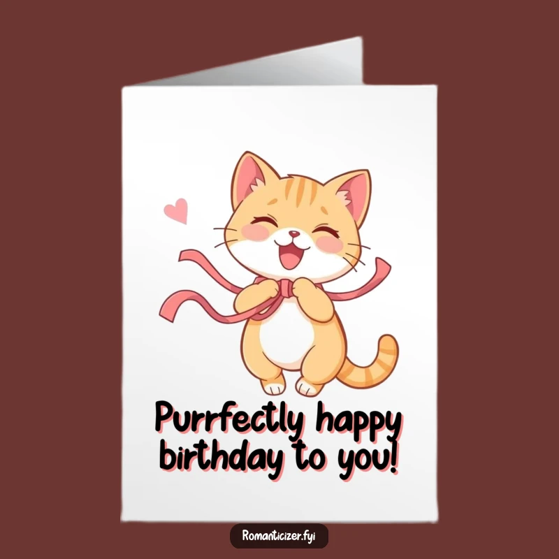 Free Printable Birthday Card: Playful Cat with Ribbon, Funny Downloadable Gift for Joyful Celebration