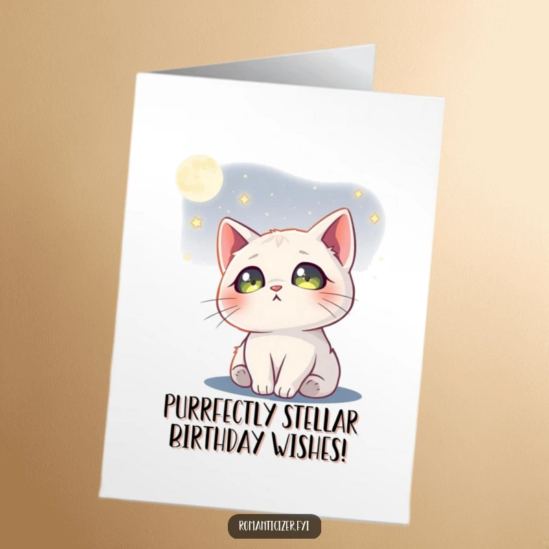 Funny Free Printable Birthday Card: Dreamy cat gazes at the moon, starry eyes reflecting cosmic beauty.