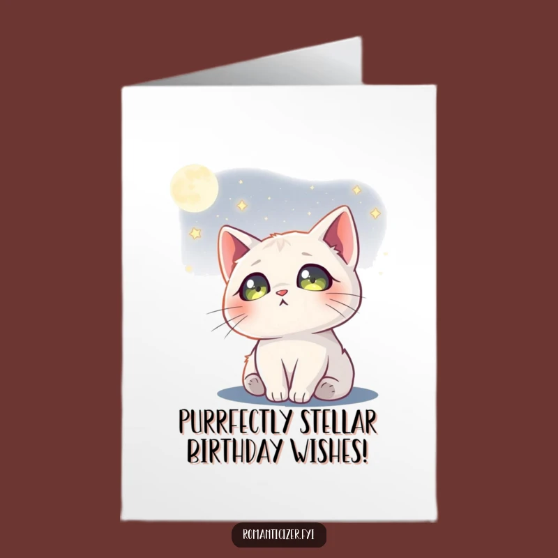 Free Printable Birthday Card: Dreamy Cat Moon Stars, Downloadable Gift
