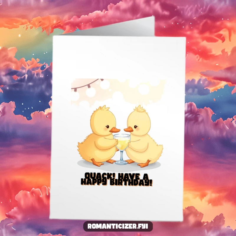 Funny Free Printable Birthday Card: A cute duckling clinks a sparkling drink under soft lights, celebrating a birthday.