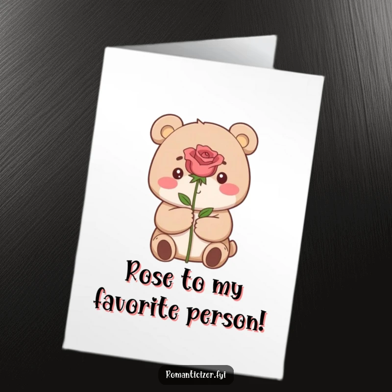 Funny Free Printable Birthday Card featuring a small bear holding a rose with a dreamy, hopeful expression.