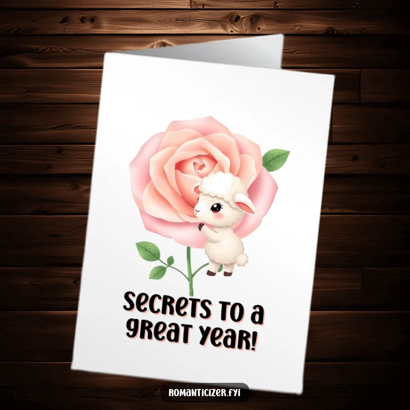 Funny Free Printable Birthday Card: A fluffy little sheep gently whispers secrets into a vibrant blooming rose. Charming and downloadable.