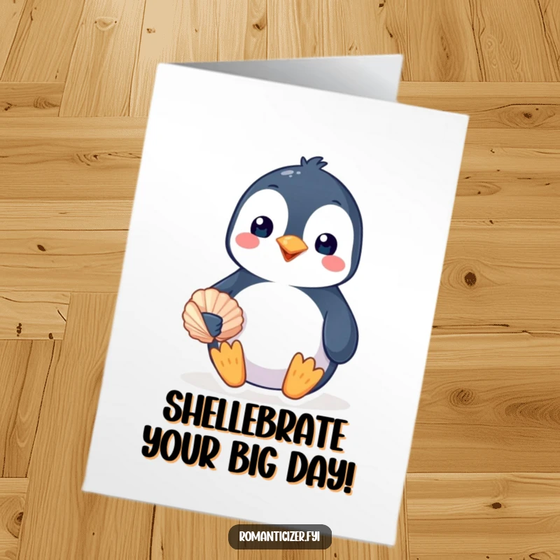 Funny Free Printable Birthday Card: A beaming penguin smiles while offering a delicate seashell, a lovely birthday surprise.