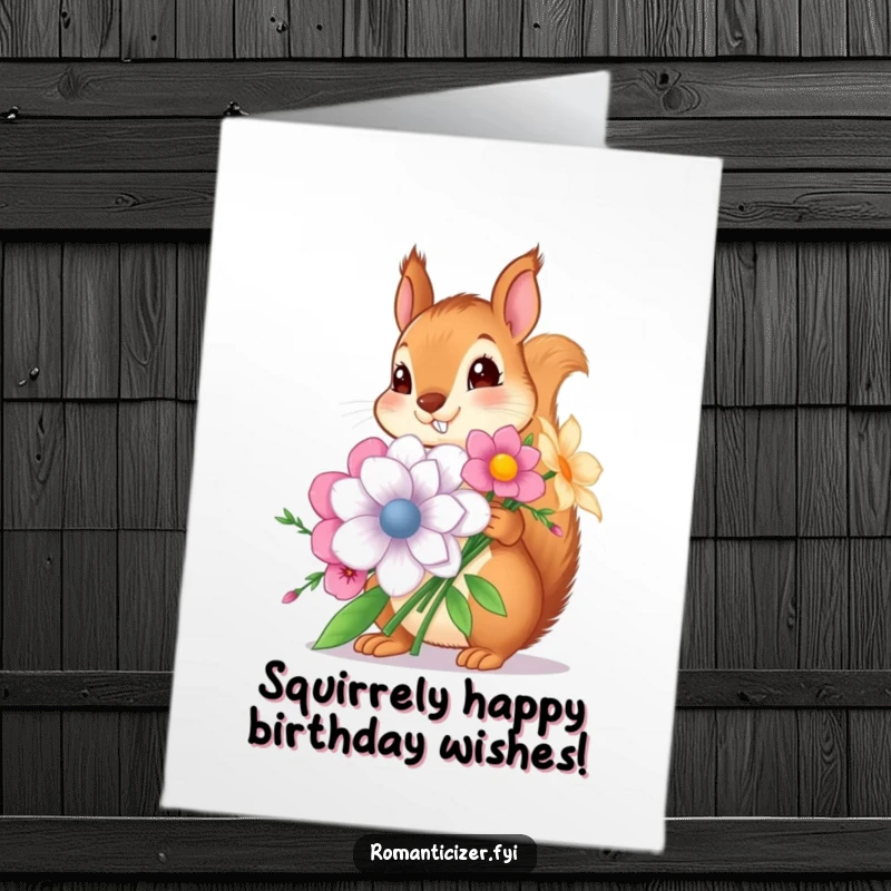 Funny Free Printable Birthday Card: A squirrel offers giant flowers, symbolizing laugh-out-loud birthday wishes, perfect for printing.