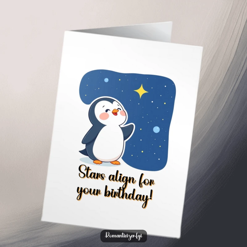 Funny Free Printable Penguin Birthday Card: A delighted penguin gazes at a starry night sky. A whimsical downloadable gift.