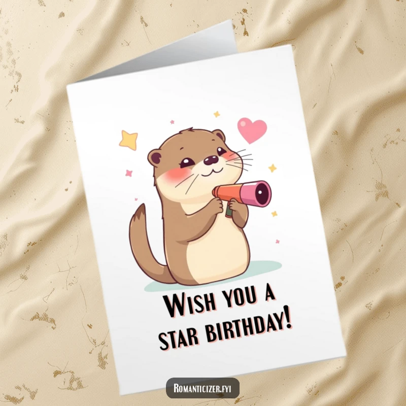 Funny Free Printable Birthday Card: A winking otter looking at stars through a heart-shaped telescope, celebrating a birthday.