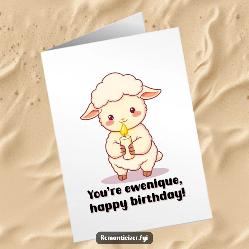 Funny Free Printable Birthday Card: A gentle sheep holds a lit candle, creating a soft, romantic ambiance.