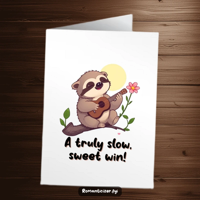 Free Printable Congratulations Card: A happy sloth playing a tiny guitar, serenading a flower in the moonlight.