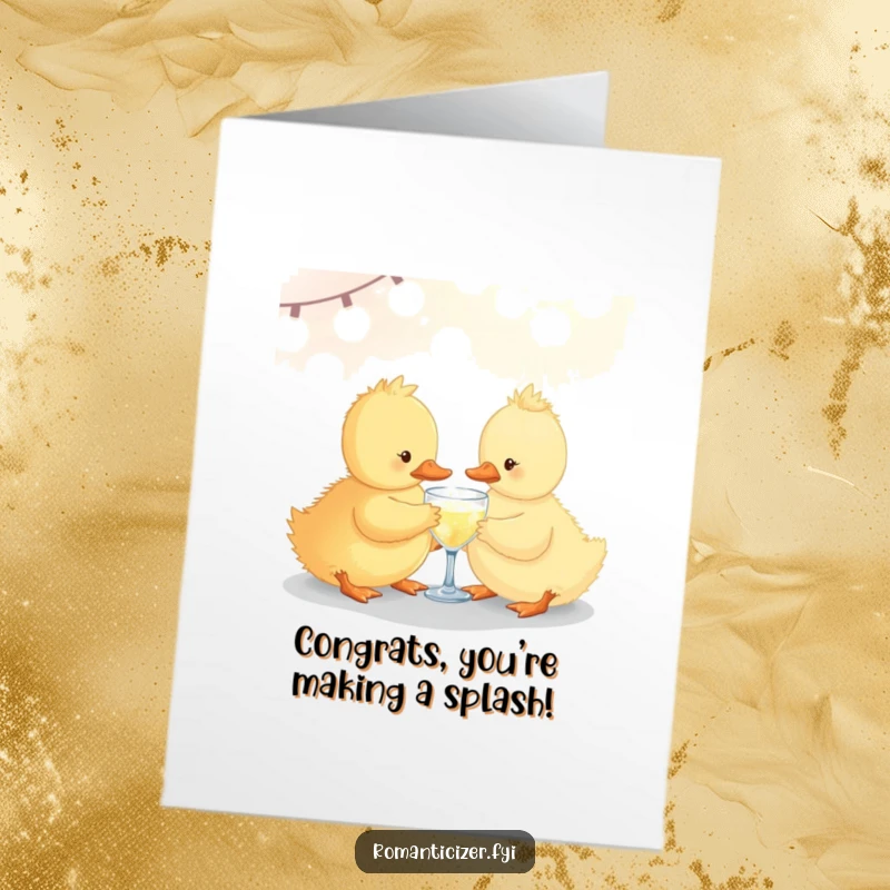 Funny Free Printable Congratulations Card: A cheerful duckling shares a sparkling drink under soft lights, perfect for celebrating.
