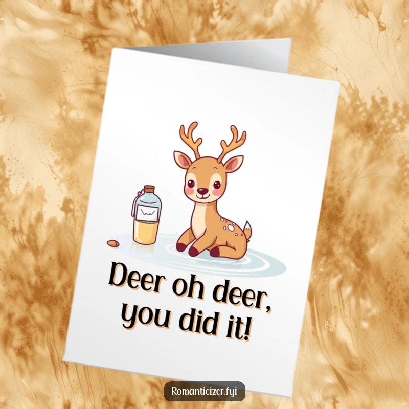 Funny Free Printable Congratulations Card: A deer smiles as its message in a bottle drifts towards success, perfect for congrats.