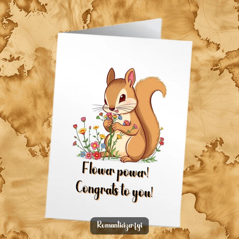 Free Printable Congratulations Card: Determined squirrel presenting a delicate miniature bouquet of wildflowers as a prize.