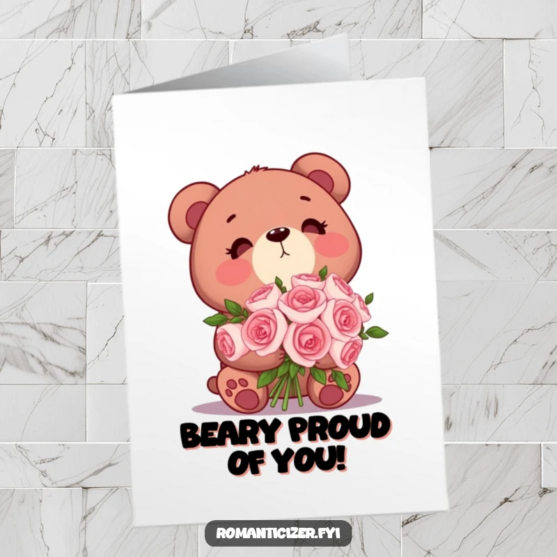 Funny Free Printable Congratulations Card: A bear with roses looks dreamily upwards.