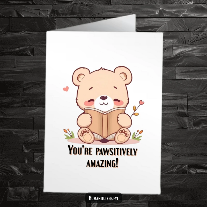 Funny free printable congratulations card showing a content bear cub smiling while reading a poetry book, perfect for sharing good news.