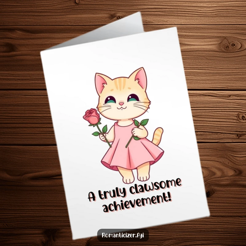 Funny Free Printable Cat Congratulations Card: A chic cat in a flowing gown presents a rose, celebrating your wonderful achievements with sophisticated charm.