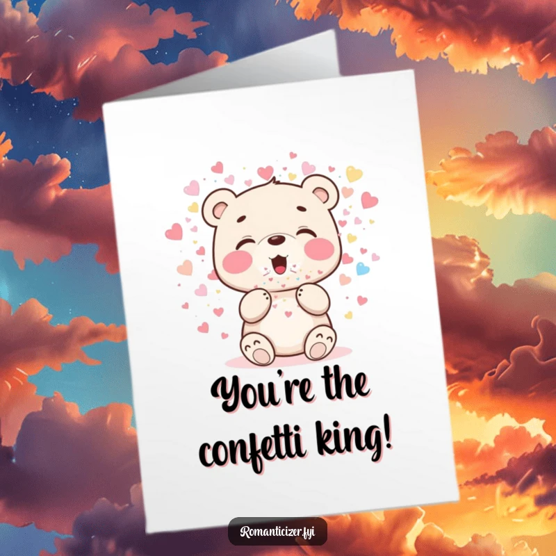 Funny Free Printable Congratulations Card: Cute bear cub blowing a massive cascade of sparkling heart confetti.