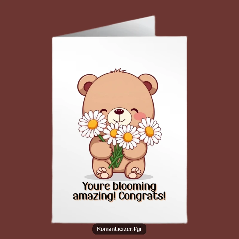 Free Printable Congrats Card: Bear Daisy Bouquet Shy Joy Downloadable Gift