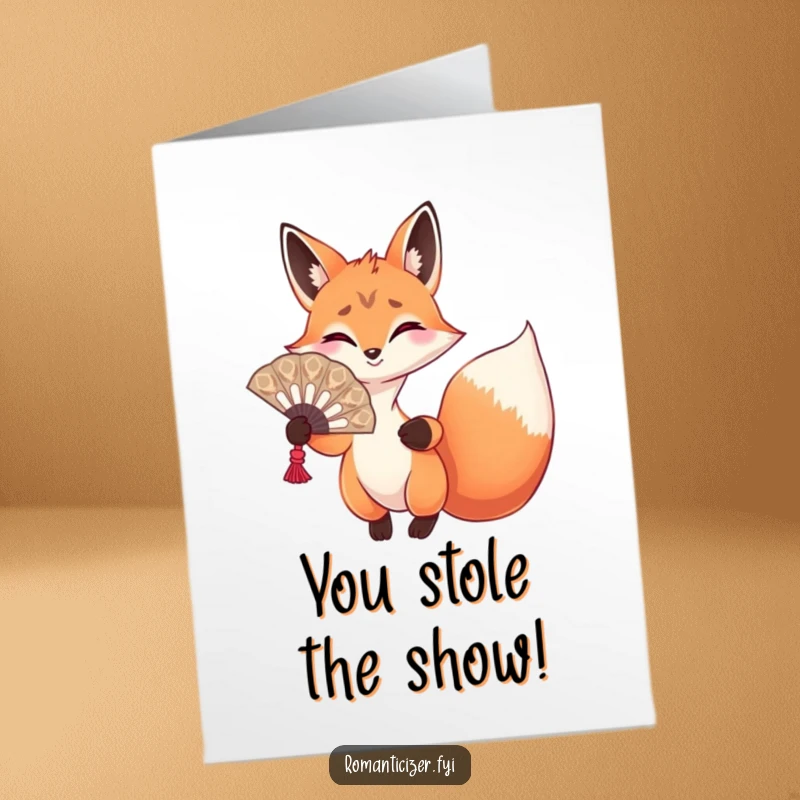 Funny Free Printable Congratulations Card: Playful fox holding a large ornate fan, making a grand gesture.