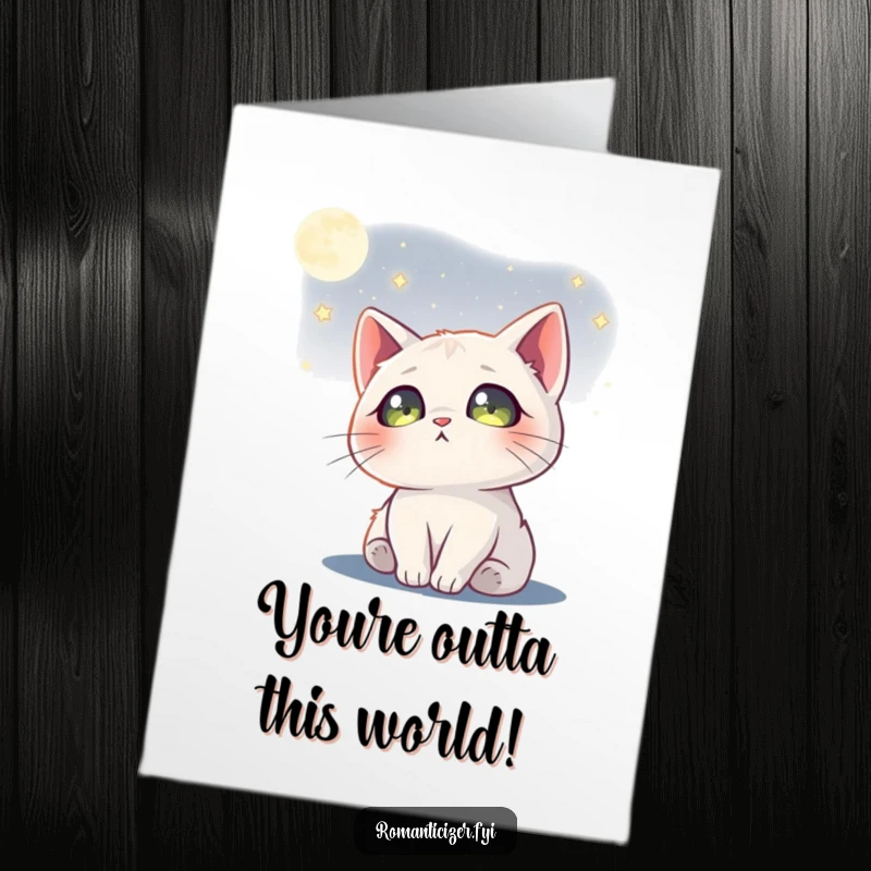 Funny Free Printable Congrats Card: Dreamy cat contemplates the starry moon, its eyes holding celestial reflections.